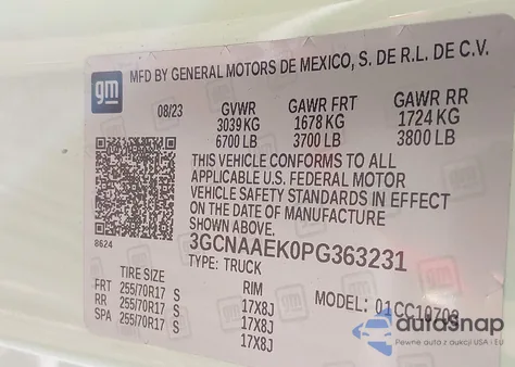 2023 Chevrolet Silverado 1500 2Wd Standard Bed Wt z USA, uszkodzony, nr VIN 3GCNAAEK0PG363231